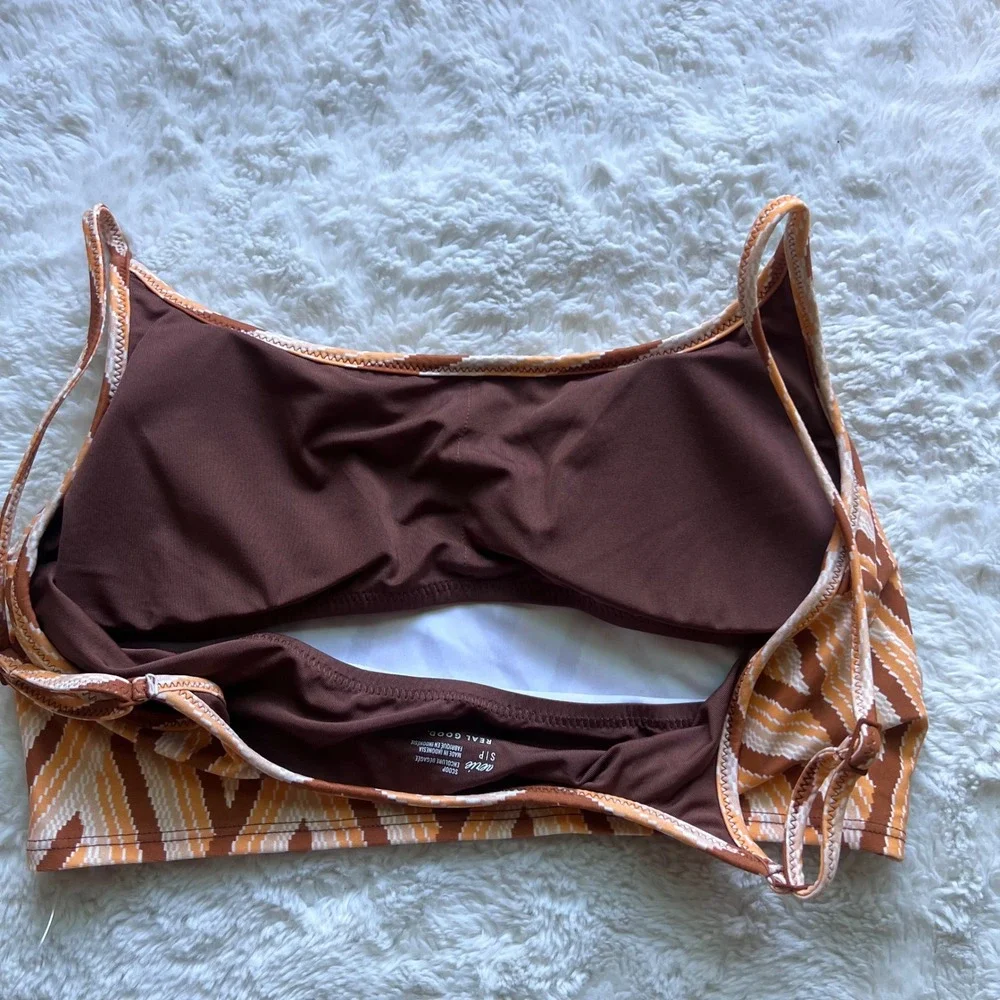 Aerie Real Good Orange Brown Chevron Geometric Scoop Neck Bikini Top Small NWOT